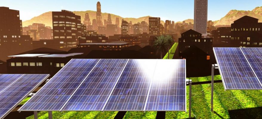 A panoramic view of Solar power panels in the city